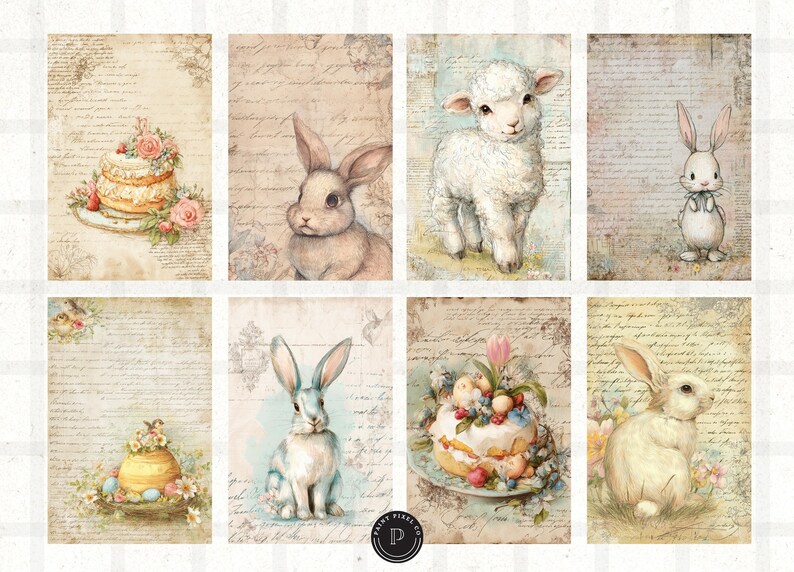 May include: A collage of eight vintage-style Easter-themed illustrations. The images include a lamb, rabbits, cakes, and an Easter egg basket, all set against a backdrop of aged paper with script.