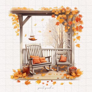 4 Autumn Porch Clipart Boho Fall House PNG Watercolor Cozy Patio Scenes ...