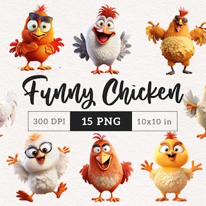 Lustige Huhn Clipart PNG Niedliche Henne Hahn Clip Art Cartoon Hühner 3D Sublimation Transfer PNG Journal Digitales Papier Handwerk Kartenherstellung