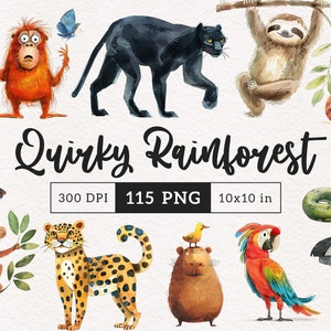Peculiares animales de la selva tropical Clipart Perezoso PNG Caprichosa Selva Pantera Tropical vida silvestre Gráficos Capibara Sublimación Tonto Anaconda Clipart