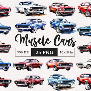 Watercolor Muscle cars Clipart Automotive Classic American Muscle Car PNG Retro Cars 70&#39;s 80&#39;s clipart Scrapbook Paper crafts Commercial use