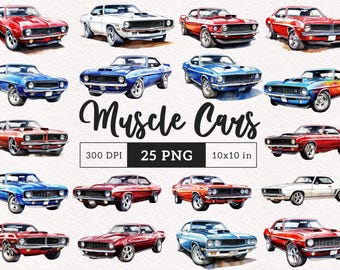 May include: A collection of 25 watercolour illustrations of classic American muscle cars in various colours, including red, blue, white, and black. The cars are all in a vintage style and have a variety of body styles, including coupes, convertibles, and saloons. The illustrations are perfect for use in scrapbooking, card making, and other craft projects.