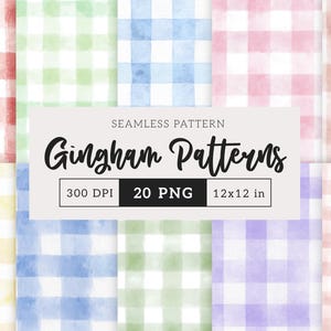 Pode incluir: Uma coleção de padrões xadrez vichy em aquarela em várias cores, incluindo vermelho, verde, azul, rosa, amarelo e roxo. A imagem inclui o texto "Gingham Patterns", "300 DPI", "20 PNG" e "12x12 in" (30,48 x 30,48 cm).