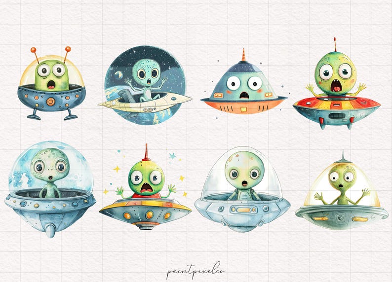Puede incluir: Un conjunto de ocho ilustraciones de acuarela de lindos extraterrestres verdes en naves espaciales. Los extraterrestres tienen ojos grandes y llevan trajes espaciales. Las naves espaciales son de varias formas y tama&ntilde;os, algunas con ventanas y otras con antenas.