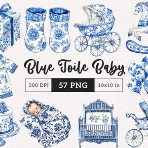 Blauwe Toile Baby Shower Clipart chinoiserie PNG aquarel pasgeboren Franse kinderdagverblijf jongen Toile De Jouy kaart maken afdrukbare digitale stickers