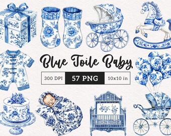 Blue Toile Baby Shower Clipart Chinoiserie PNG Watercolor Newborn French Nursery Boy Toile De Jouy card making Printable Digital Stickers