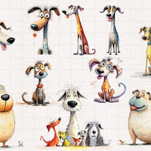 K&ouml;nnte beinhalten: Eine Sammlung skurriler Cartoon-Hunde-Illustrationen. Jeder Hund hat einzigartige Merkmale, darunter unterschiedliche Farben, Ausdr&uuml;cke und K&ouml;rperformen. Einige Hunde haben lange H&auml;lse, andere sind st&auml;mmig. Das Kunstwerk ist vor einem wei&szlig;en, gefliesten Hintergrund.