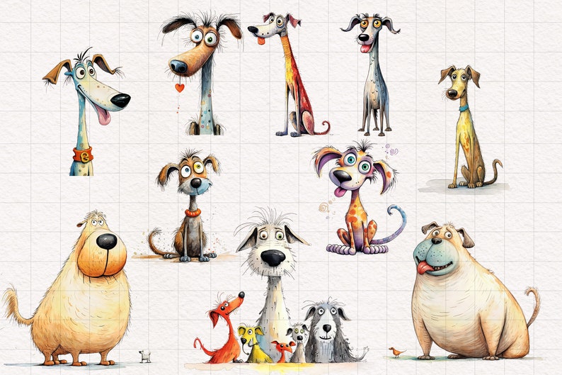 K&ouml;nnte beinhalten: Eine Sammlung skurriler Cartoon-Hunde-Illustrationen. Jeder Hund hat einzigartige Merkmale, darunter unterschiedliche Farben, Ausdr&uuml;cke und K&ouml;rperformen. Einige Hunde haben lange H&auml;lse, andere sind st&auml;mmig. Das Kunstwerk ist vor einem wei&szlig;en, gefliesten Hintergrund.