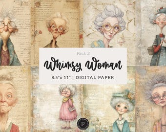Whimsy women Junk Journal Papers - Hippie old Lady Scrapbook Printable Ephemera - Quirky Digital Backgrounds Instant Download - 2