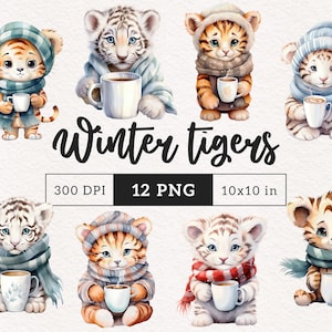 Winter Tiger clipart PNG Vakantie Gezellig Dier met sjaal Aquarel clipart xmas Sublimatie schattige Baby tijger clip art grafische ornamentkaarten