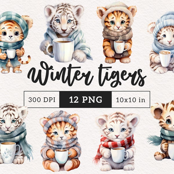 Winter Tiger clipart PNG Holiday Cozy Animal with scarf Watercolor clipart xmas Sublimation cute Baby tiger clip art graphics ornament cards