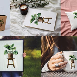 May include: A watercolor illustration of a potted plant on a small wooden stool. The illustration is available on a mug, pillow, canvas print, and a takeout container.