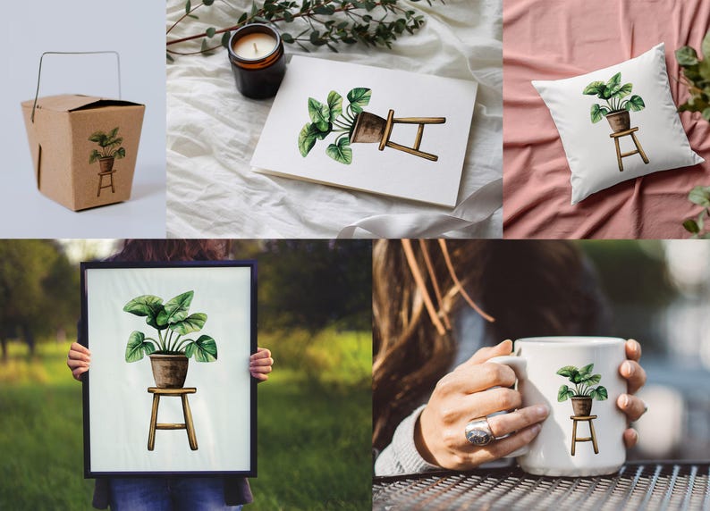May include: A watercolor illustration of a potted plant on a small wooden stool. The illustration is available on a mug, pillow, canvas print, and a takeout container.