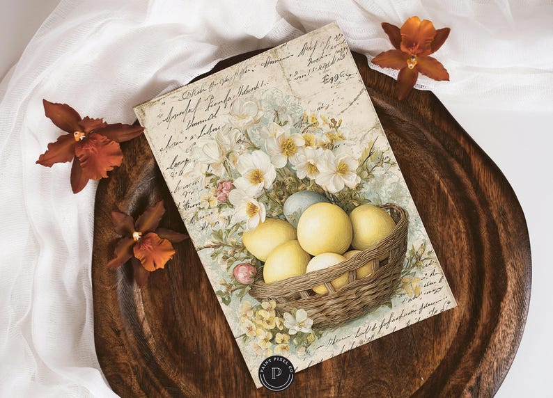 May include: A vintage-style print featuring a basket of yellow eggs, surrounded by white flowers and greenery. The print is on a cream-colored background with script writing. The image is set on a dark wooden tray, with orange orchids.