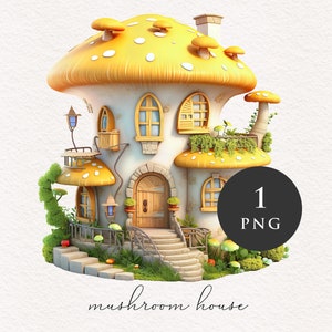 Maison de champignon jaune Aquarelle Champignon PNG clipart Illustration graphique fantastique Sublimation Transfer Journal PNGs Conte de fées imprimable