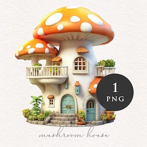 Toadstool house Aquarelle Champignon PNG clipart Orange Fantasy illustration graphique Sublimation Transfer Journal PNGs Imprimable Conte de fées