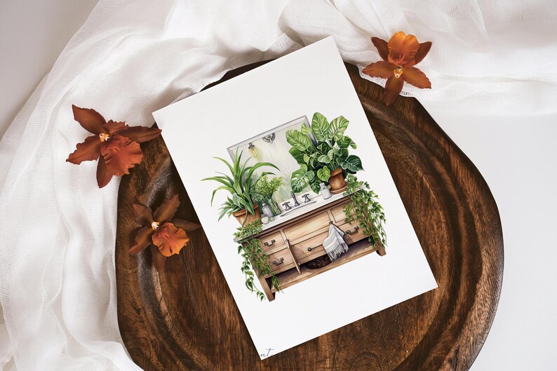 May include: Watercolour illustration of a vintage wooden dresser with a mirror and several potted plants. The dresser has a white countertop and a towel hanging from the drawer. The plants are green and lush, and the overall style is rustic and charming.