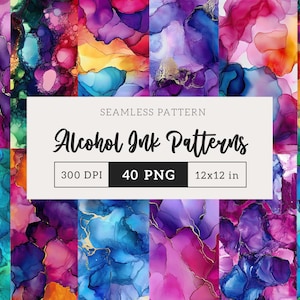 Könnte beinhalten: Nahtlose Alkohol-Tintenmuster in leuchtenden Farben. Das Bild zeigt abstrakte Designs in Lila, Blau, Rosa und Gold. Die Muster sind 30,48 x 30,48 cm groß und enthalten 40 PNG-Dateien mit 300 DPI.
