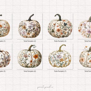 Peut inclure: Huit citrouilles &agrave; l'aquarelle avec des motifs floraux. Chaque citrouille pr&eacute;sente un arrangement diff&eacute;rent de fleurs dans des tons orange, rose et violet. Les citrouilles ont des tiges vertes et sont &eacute;tiquet&eacute;es "Toile Pumpkin" avec un num&eacute;ro.