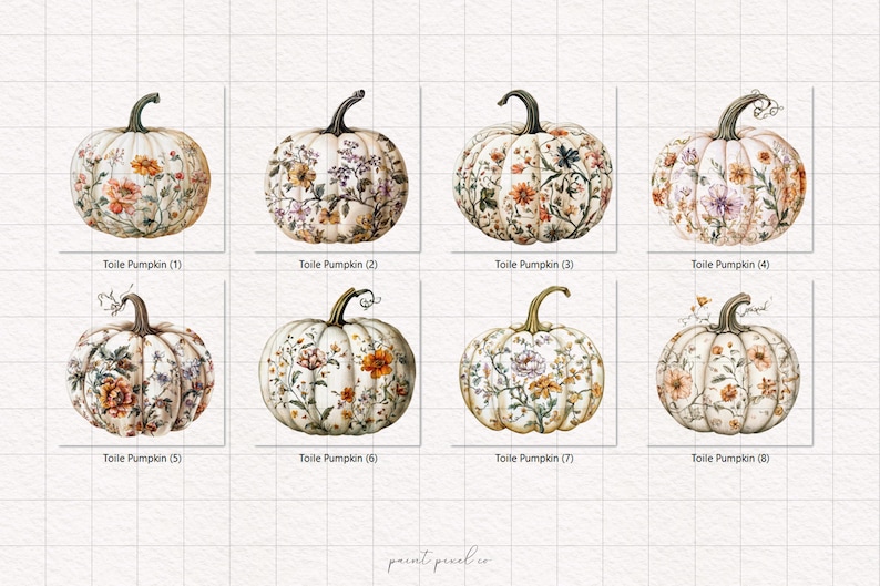 Peut inclure: Huit citrouilles &agrave; l'aquarelle avec des motifs floraux. Chaque citrouille pr&eacute;sente un arrangement diff&eacute;rent de fleurs dans des tons orange, rose et violet. Les citrouilles ont des tiges vertes et sont &eacute;tiquet&eacute;es "Toile Pumpkin" avec un num&eacute;ro.