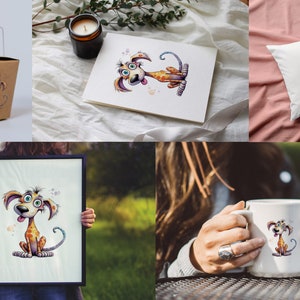 K&ouml;nnte beinhalten: Eine Auswahl an Produkten mit einer Cartoon-Hunde-Illustration. Zu den Artikeln geh&ouml;ren ein gerahmter Druck, eine wei&szlig;e Tasse, ein Kissen, eine Gru&szlig;karte und eine Take-Away-Box. Der Hund hat ein geflecktes Fell, gro&szlig;e Augen und einen langen, lockigen Schwanz.