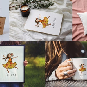 K&ouml;nnte beinhalten: Ein Set von Produkten mit einer Aquarell-Illustration eines tanzenden M&auml;dchens mit dem Text "Ich bin frei". Die Produkte umfassen eine Tasse, ein Kissen, einen gerahmten Druck, eine Karte und einen To-Go-Beh&auml;lter.