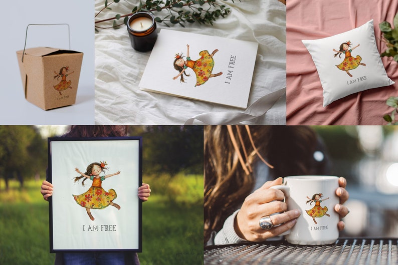 K&ouml;nnte beinhalten: Ein Set von Produkten mit einer Aquarell-Illustration eines tanzenden M&auml;dchens mit dem Text "Ich bin frei". Die Produkte umfassen eine Tasse, ein Kissen, einen gerahmten Druck, eine Karte und einen To-Go-Beh&auml;lter.
