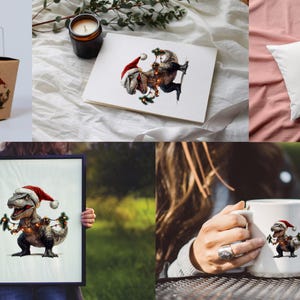 May include: A set of Christmas-themed products featuring a dinosaur wearing a Santa hat and holding Christmas lights. The set includes a mug, a pillow, a takeout container, and a framed print.