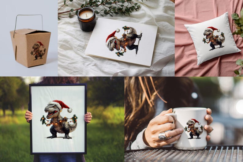 May include: A set of Christmas-themed products featuring a dinosaur wearing a Santa hat and holding Christmas lights. The set includes a mug, a pillow, a takeout container, and a framed print.