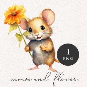 Souris et fleur PNG clipart doux petit animal Nursery Clip art adorable rongeur graphiques bois PNGs Sublimation Card making Journaling