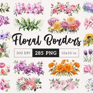285 Floral Border PNG Blumen Clipart Aquarell Sommer Blumen Frühling Blumenrahmen Borders Wildflower Sublimation Clipart Foliage Grafiken