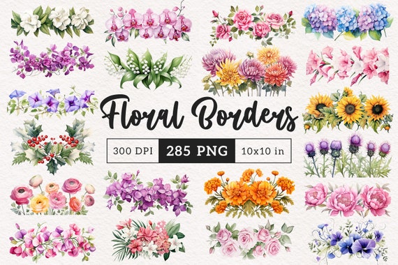 285 Floral Border PNG Flower Clipart Watercolor Summer flowers Spring floral frame Borders Wildflower sublimation clipart Foliage graphics