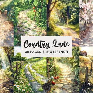 May include: A collection of watercolor paintings depicting country lanes and paths. The images showcase various scenes with stone pathways, lush greenery, and sunlight. The text "Country Lane" is displayed, along with "30 pages" and "8"x12" inch".