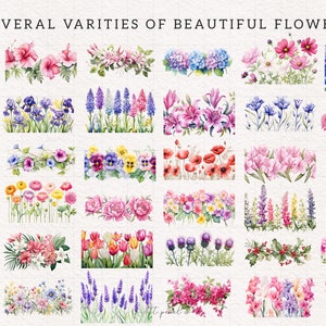 May include: A collection of watercolor illustrations of various flowers, including sunflowers, lilies, hydrangeas, and daisies. The flowers are arranged in rows and are painted in a variety of colors, including yellow, pink, blue, and purple.