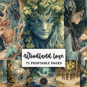 May include: A collection of watercolor illustrations with a woodland theme. The images feature a deer, a forest spirit, a woman holding glowing orbs, and forest scenes. The text "Woodland lore" and "75 Printable Pages" is displayed.