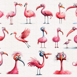 May include: A collection of 18 watercolor illustrations of pink flamingos with various expressions and poses. The flamingos are drawn in a cartoon style with exaggerated features.
