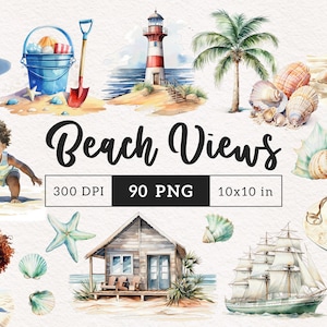 May include: A set of 90 watercolor illustrations featuring beach scenes, including a lighthouse, palm trees, seashells, a sailboat, a beach house, a bucket and shovel, a starfish, a hat, flip flops, and people enjoying the beach. The illustrations are perfect for creating beach-themed crafts, cards, and invitations.