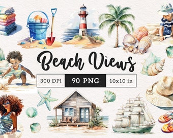 Op de afbeelding: Een set van 90 aquarel illustraties met strandscenes, waaronder een vuurtoren, palmbomen, schelpen, een zeilboot, een strandhuis, een emmer en schep, een zeester, een hoed, slippers en mensen die genieten van het strand. De illustraties zijn perfect voor het maken van strandthema ambachten, kaarten en uitnodigingen.