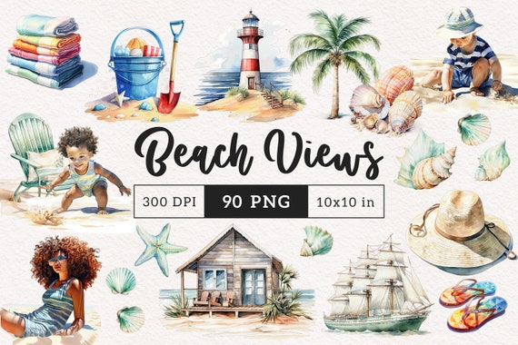 Watercolor Beach Clipart PNG Nautical Summer beach Children Shells Sand Shack Sea Sublimation clip art Ocean lover graphics illustration