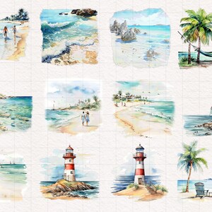 May include: A collection of watercolor paintings depicting various beach scenes. The paintings feature palm trees, lighthouses, beaches, and people enjoying the ocean. The paintings are done in a light and airy style, with a focus on the beauty of the natural world.
