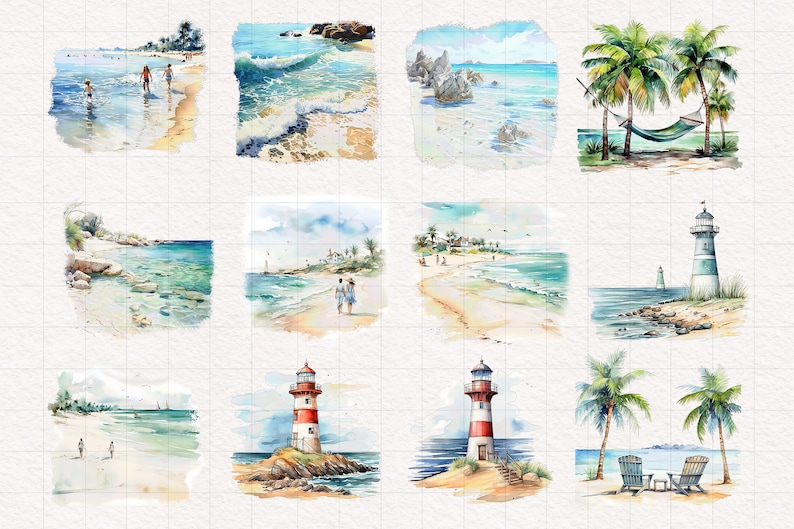 May include: A collection of watercolor paintings depicting various beach scenes. The paintings feature palm trees, lighthouses, beaches, and people enjoying the ocean. The paintings are done in a light and airy style, with a focus on the beauty of the natural world.
