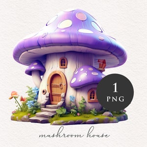 Toadstool house Aquarelle Champignon PNG clipart Purple Fantasy illustration graphique Sublimation Transfer Journal PNGs Imprimable Conte de fées