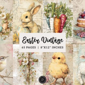May include: A collage of vintage Easter-themed illustrations. Includes a bunny, wreath, carrots, cake, bird, cross, chick, and lamb. The text "Easter Vintage" is displayed, along with "65 pages | 8"x12" inches". The artwork has a soft, pastel color palette.