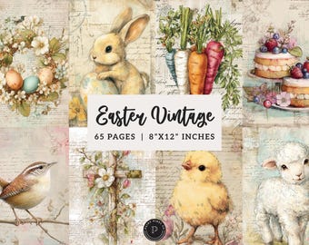 May include: A collage of vintage Easter-themed illustrations. Includes a bunny, wreath, carrots, cake, bird, cross, chick, and lamb. The text "Easter Vintage" is displayed, along with "65 pages | 8"x12" inches". The artwork has a soft, pastel color palette.