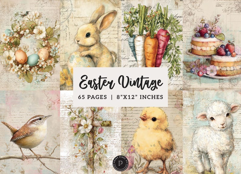 May include: A collage of vintage Easter-themed illustrations. Includes a bunny, wreath, carrots, cake, bird, cross, chick, and lamb. The text "Easter Vintage" is displayed, along with "65 pages | 8"x12" inches". The artwork has a soft, pastel color palette.