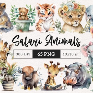 Safari Animals PNG Clipart Wildlife Baby shower Watercolor clip art Savanna creatures Sublimation Kids decor Nursery Graphics illustration