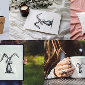 May include: A set of illustrations featuring a cartoon rabbit with large ears. The illustrations are available on a variety of products, including a mug, pillow, tote bag, and framed print.