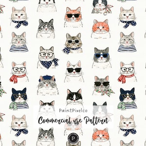 Puede incluir: Un patrón repetitivo sobre fondo blanco que presenta varios gatos ilustrados con accesorios como bufandas, gafas, gafas de sol y boinas. El texto PaintPixelco Commercial use Pattern está centrado en el medio de la imagen.