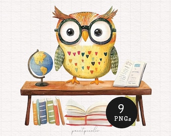 Scholarly Teacher owl clipart PNG Whimsical Classroom Birds Bookworm Sublimation clip art Quirky Animal Whimsy graphics Cute illustration