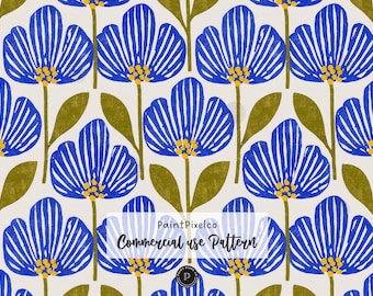 Retro Blue Floral Seamless Pattern | Mid Century Floral Design | Digital Scrapbook Paper (Commercial Use) (Digital Download)